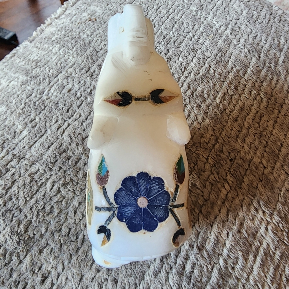 Hand Carved White Marble Elephant w/ Gemstone Inlay Decoration - Upturned Trunk - Picture 4 of 6